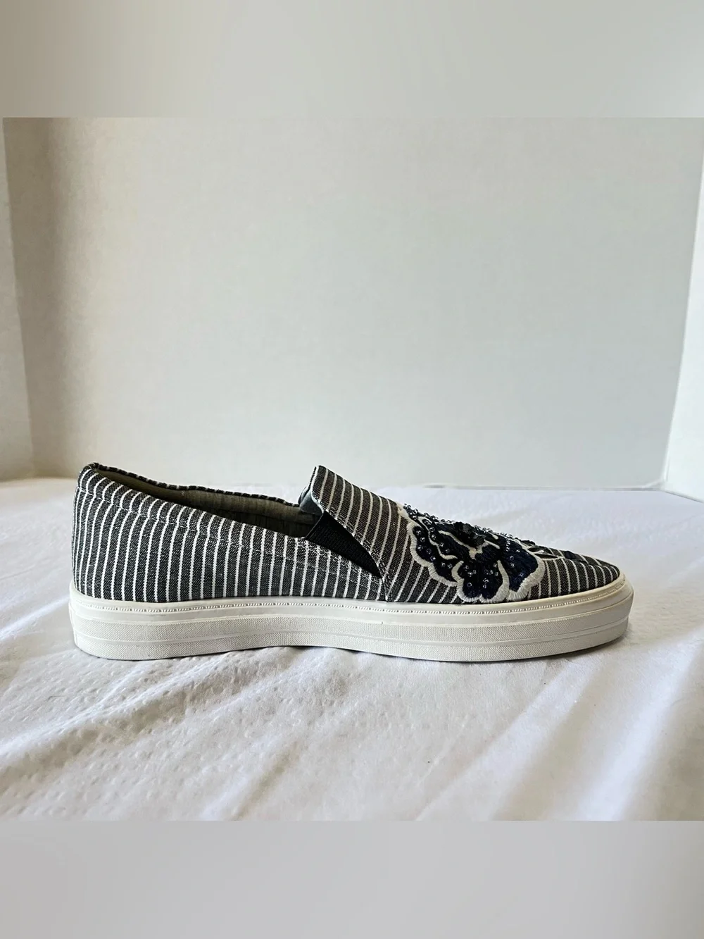 Nine West Striped Slip-On Sneakers with Blue Floral Embroidery